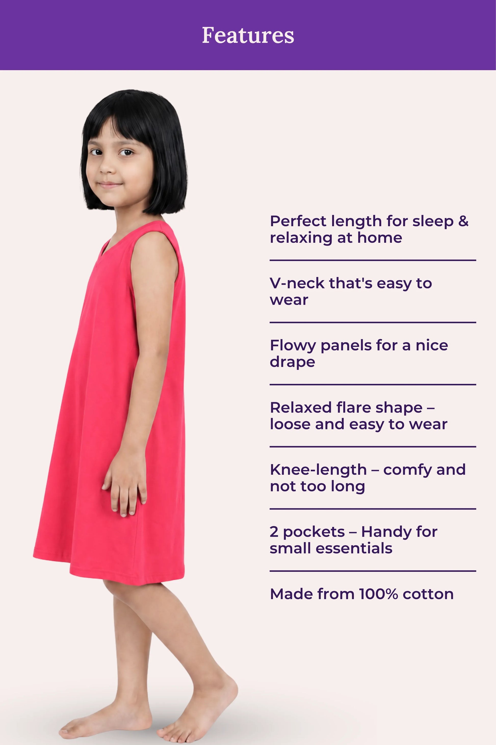 Girl wearing a pink dress with features listed.