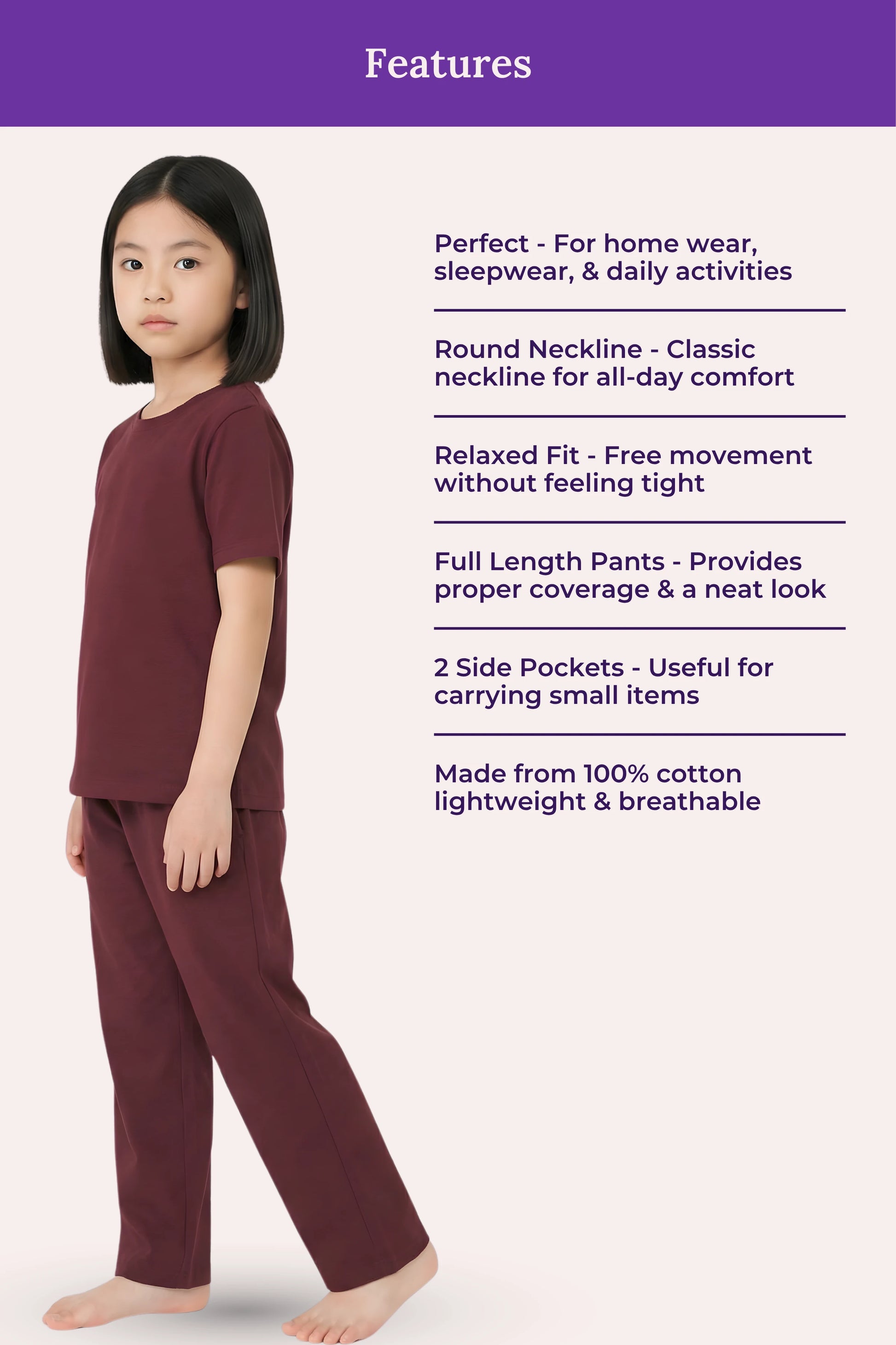Girl wearing a wine pajama set with text detailing features