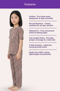 Girl wearing a brown leopard print pajama set with features listed