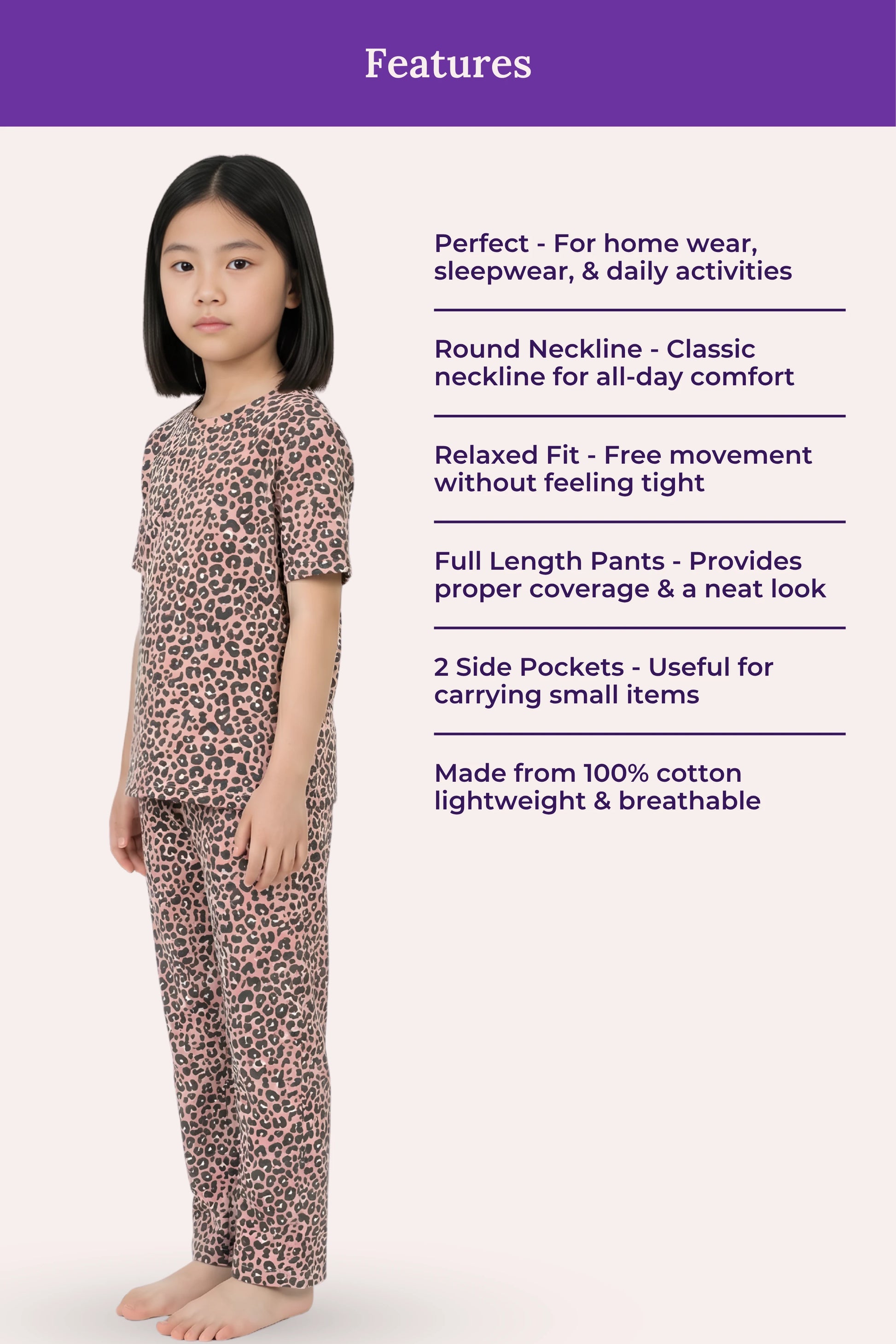 Girl wearing a brown leopard print pajama set with features listed