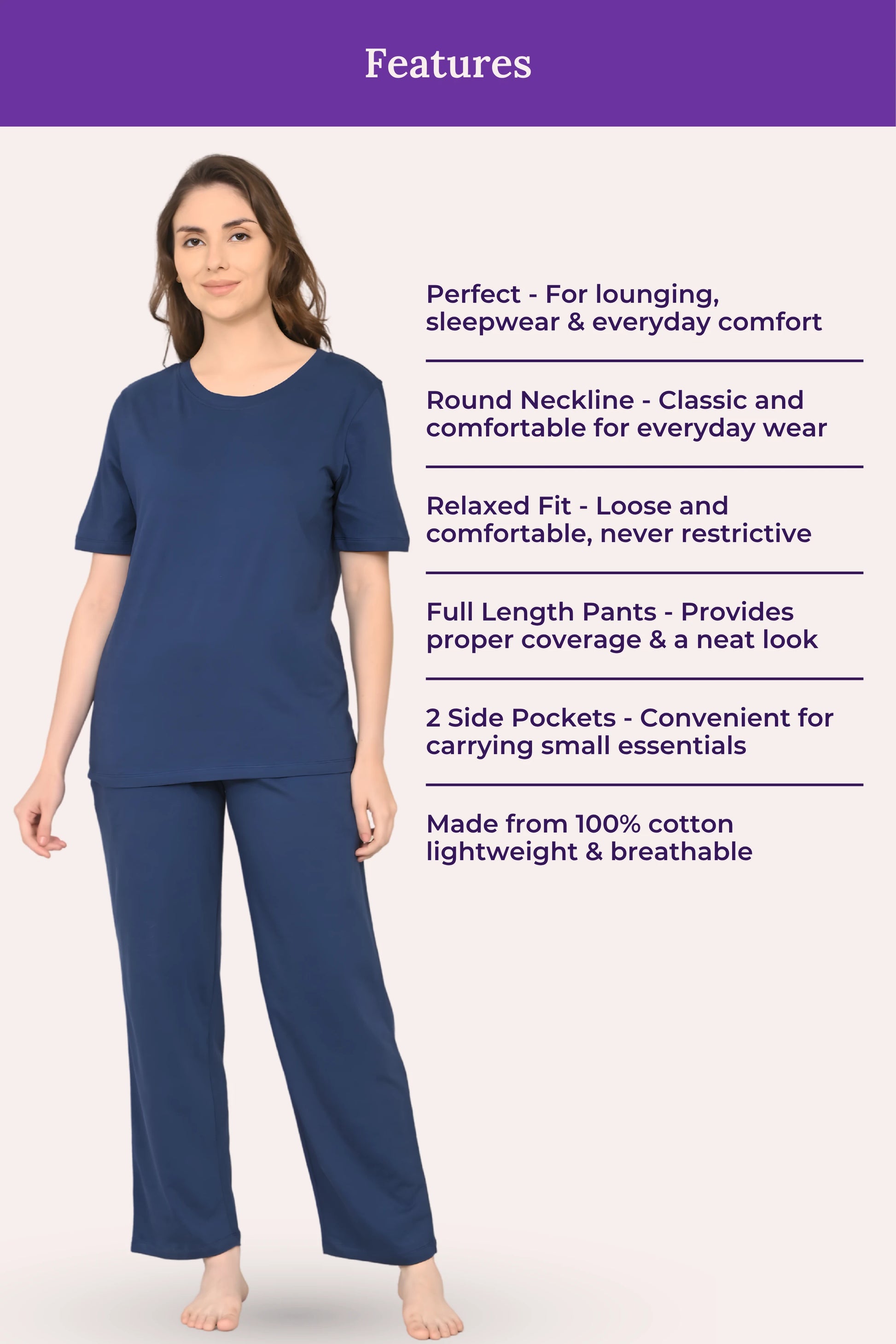 Woman wearing a airforce navy pajama set with product features listed