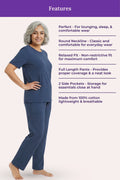 Woman wearing a airforce navy pajama set with text detailing features
