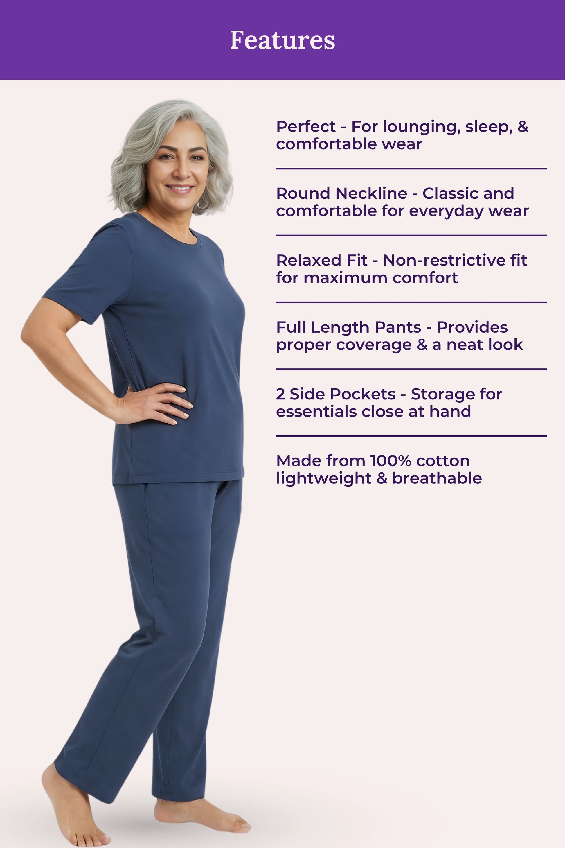 Woman wearing a airforce navy pajama set with text detailing features