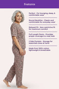 Woman wearing brown leopard print pajamas with product features listed