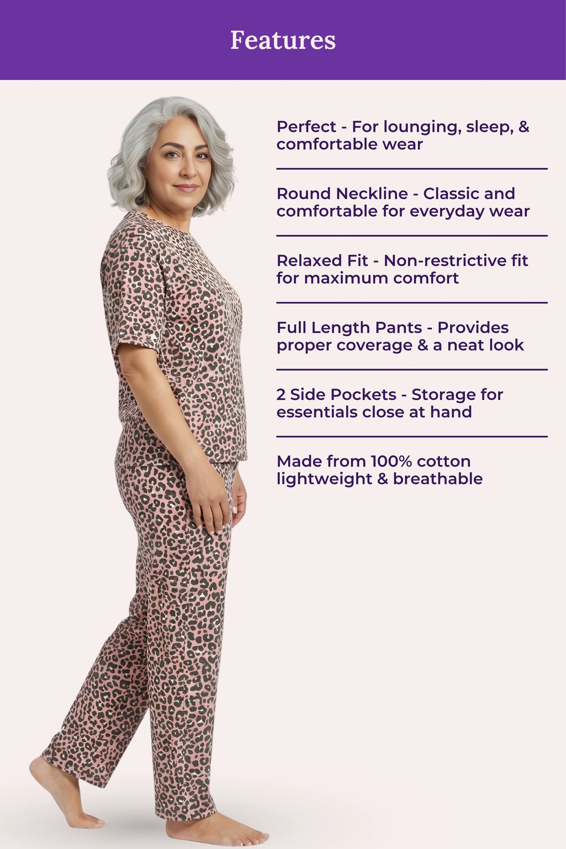Woman wearing brown leopard print pajamas with product features listed