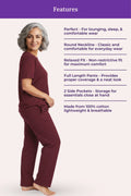 Woman wearing a wine pajama set with text detailing features