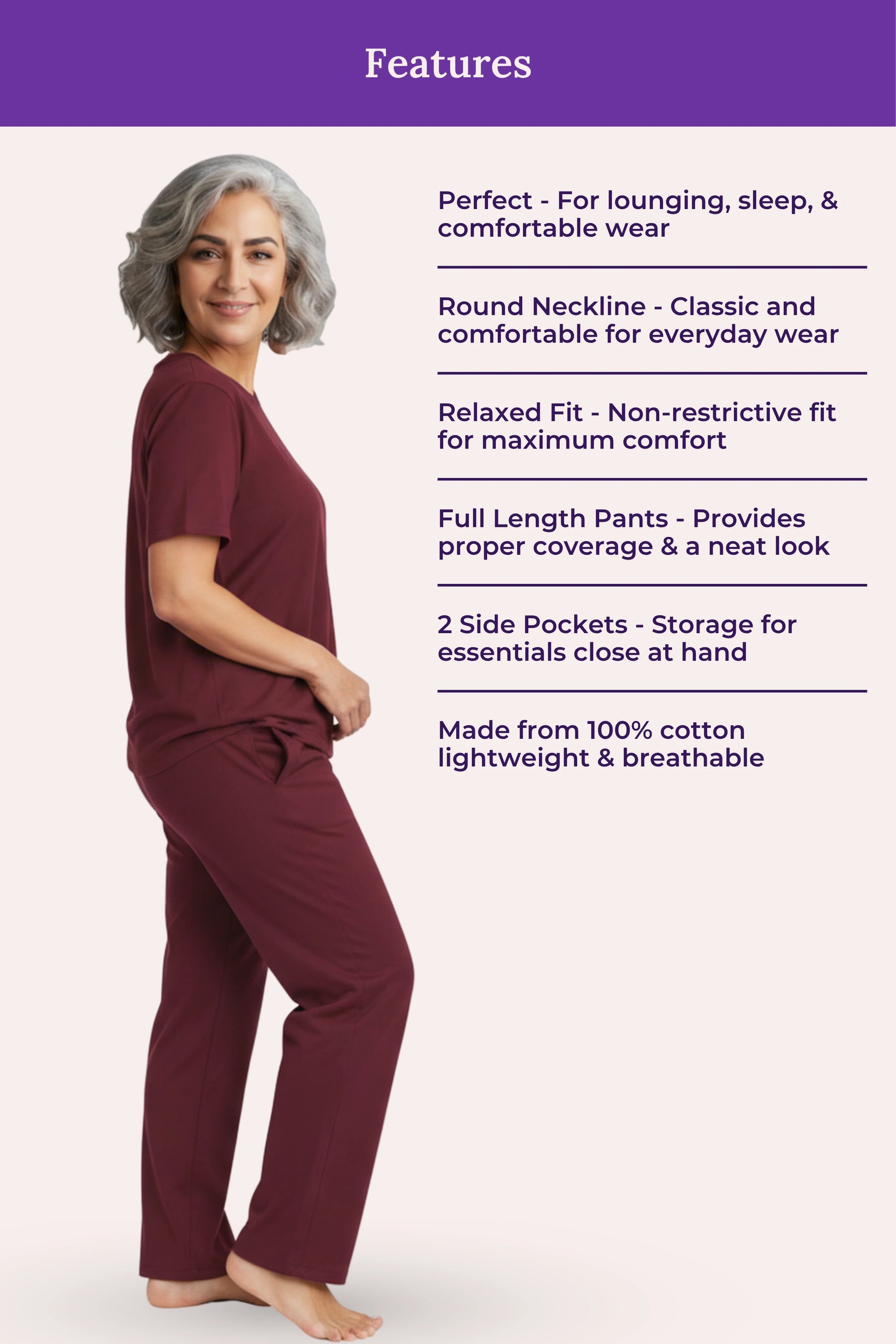 Woman wearing a wine pajama set with text detailing features