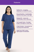 Woman wearing a airforce navy loungewear set with features listed