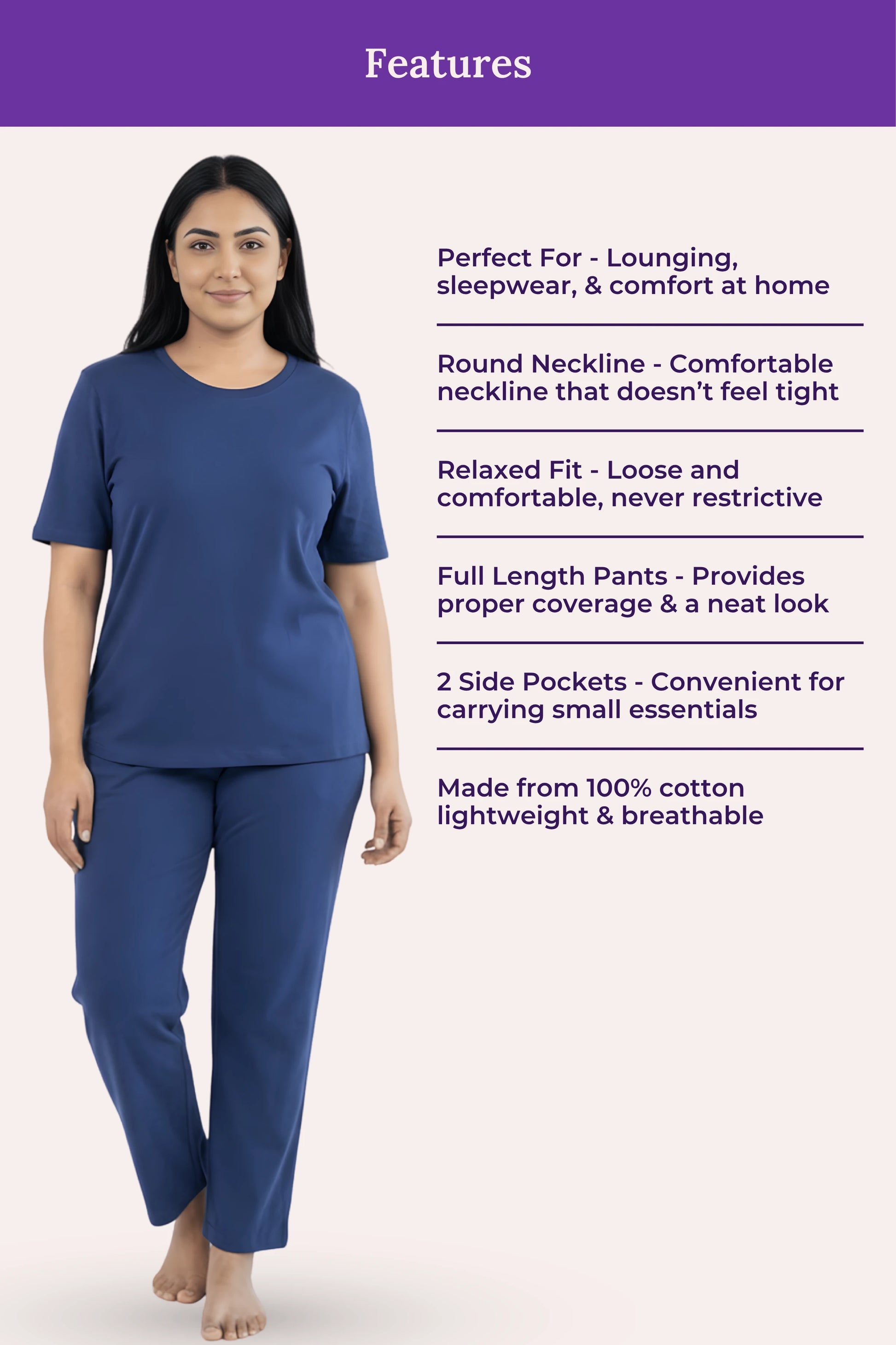 Woman wearing a airforce navy loungewear set with features listed