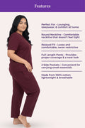 Woman wearing a wine pajama set with text highlighting features