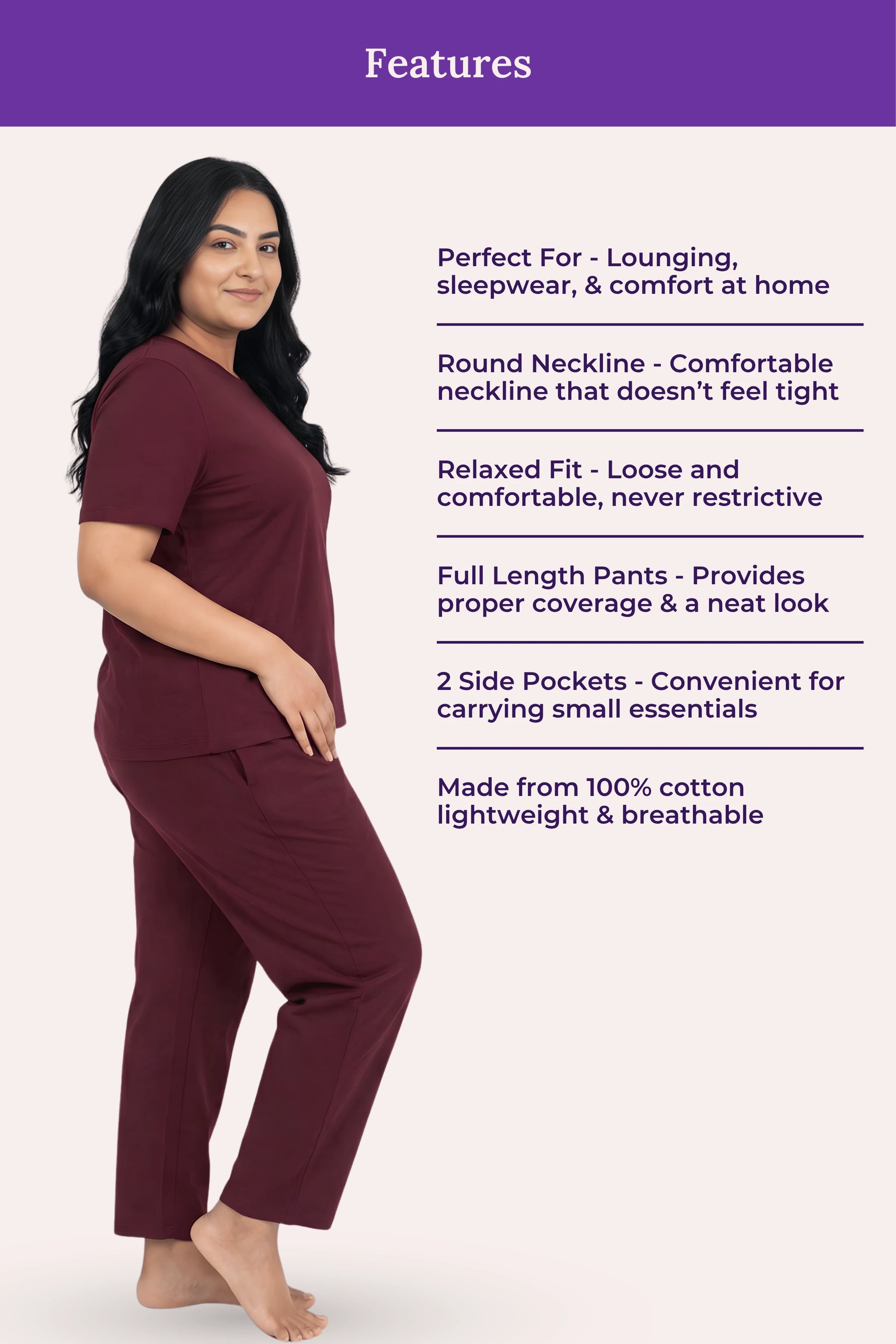 Woman wearing a wine pajama set with text highlighting features