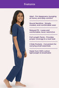Teen wearing airforce navy pajamas with product features listed