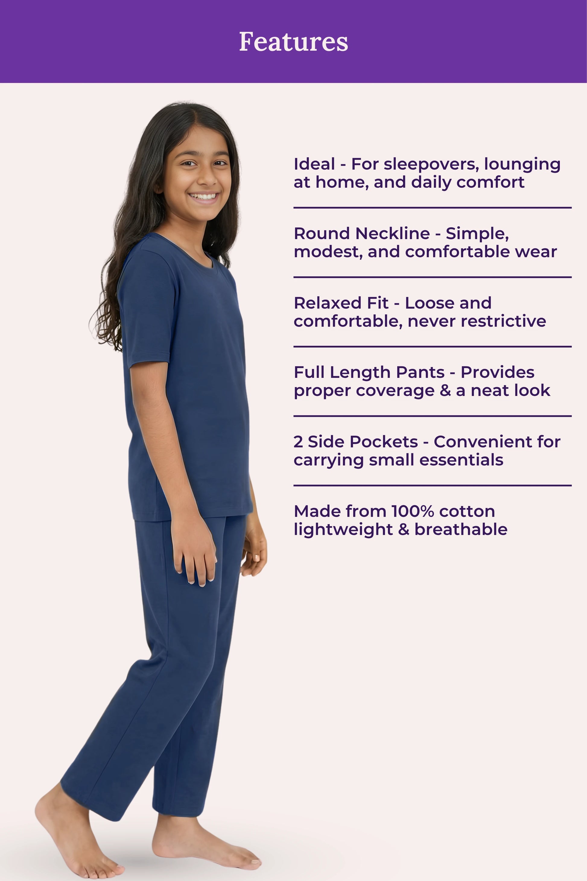 Teen wearing airforce navy pajamas with product features listed