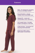 Teen wearing wine pajama set with product features listed
