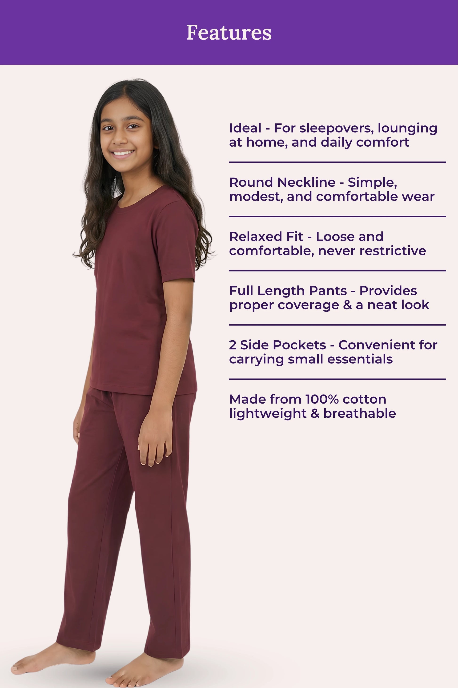 Teen wearing wine pajama set with product features listed