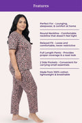 Woman wearing a brown leopard print pajama set with product features listed