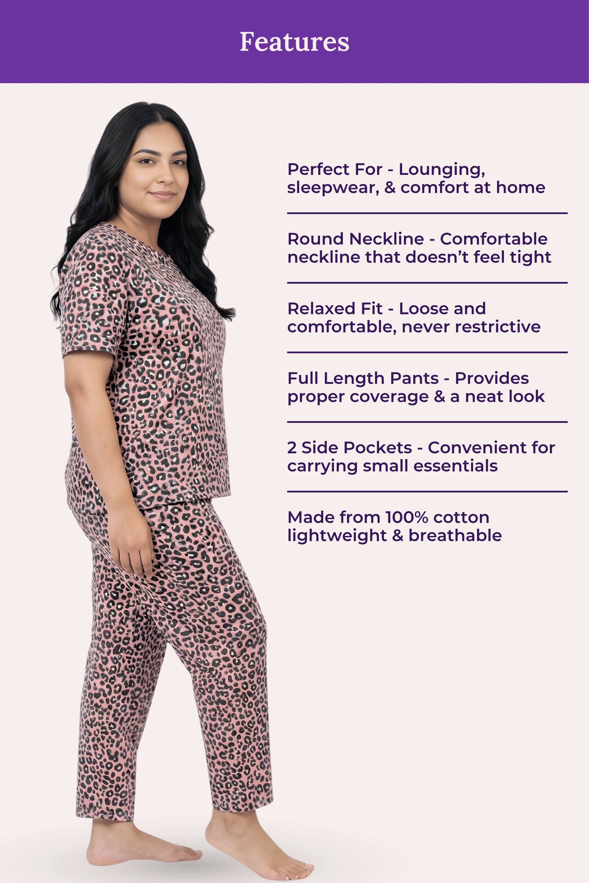 Woman wearing a brown leopard print pajama set with product features listed