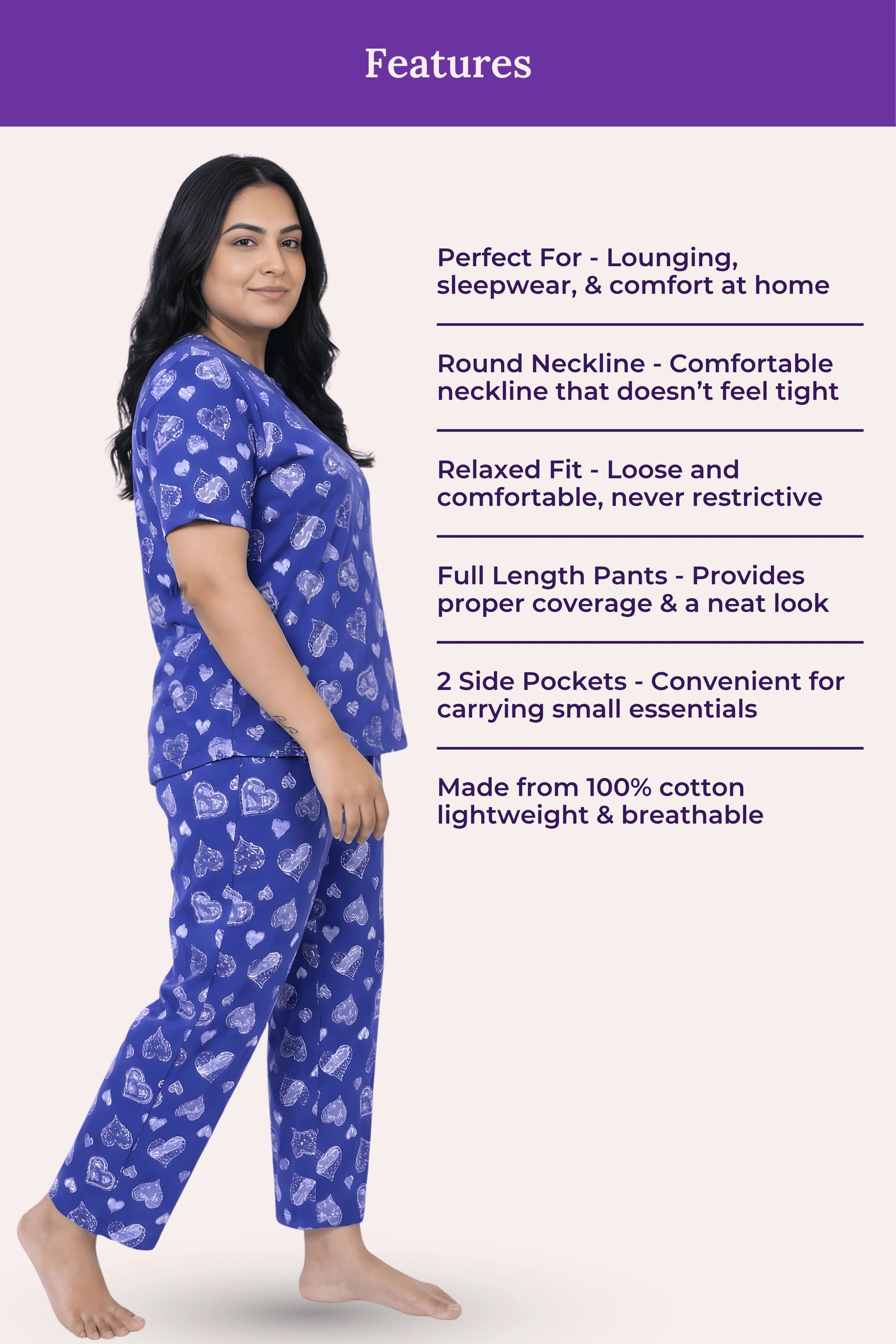 Woman wearing a navy hearts pajama set with text detailing features