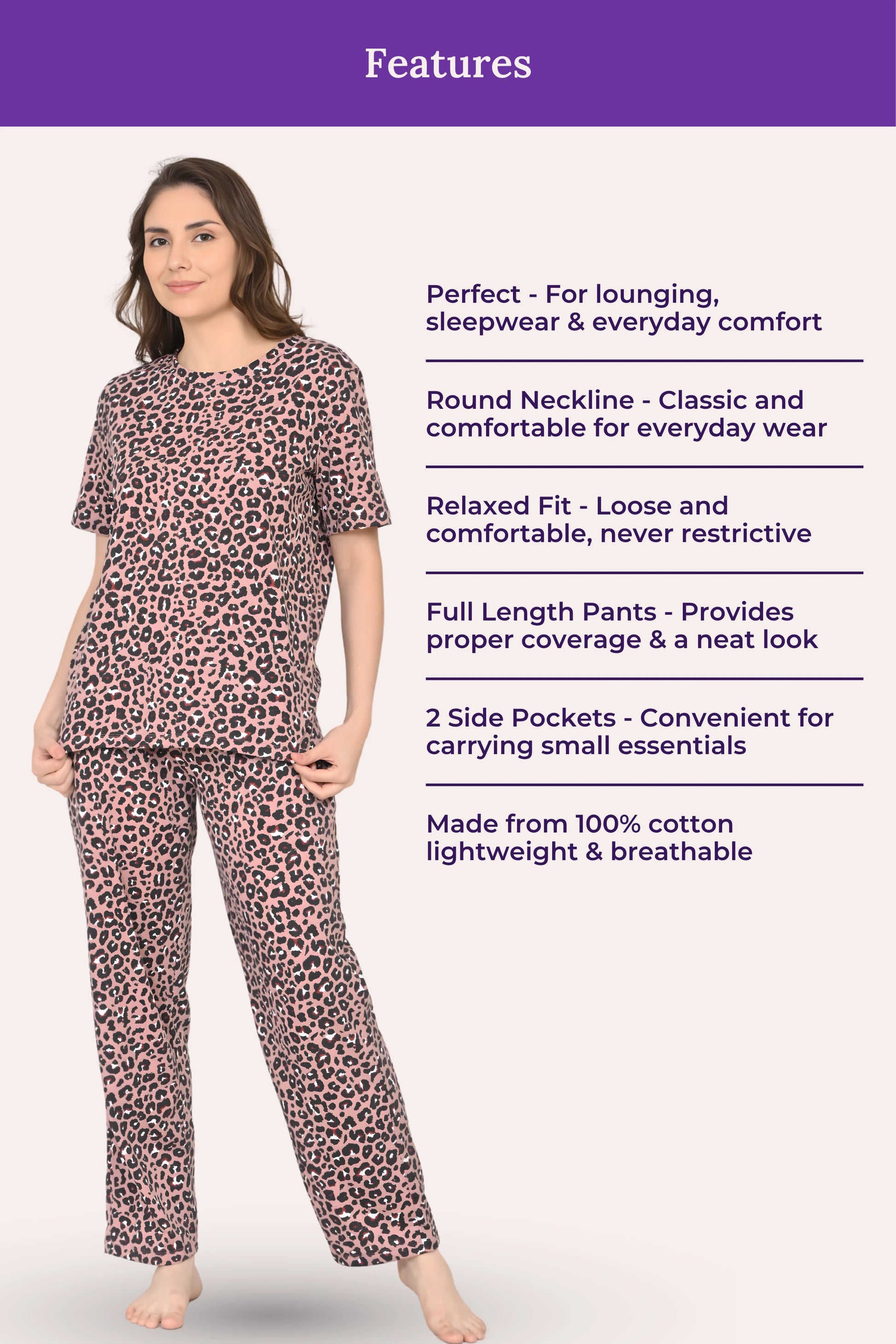 Woman wearing a brown leopard print pajama set with product features listed