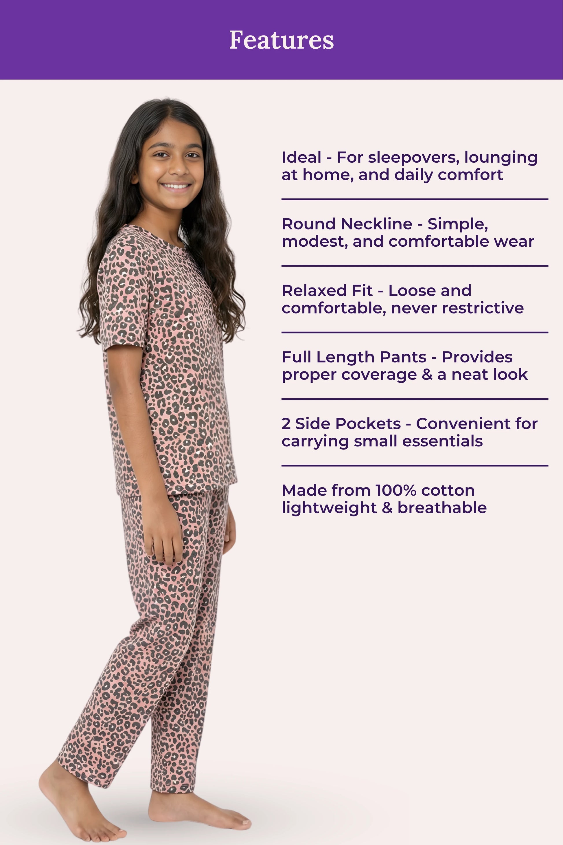 Teen wearing a brown leopard print pajama set with product features listed