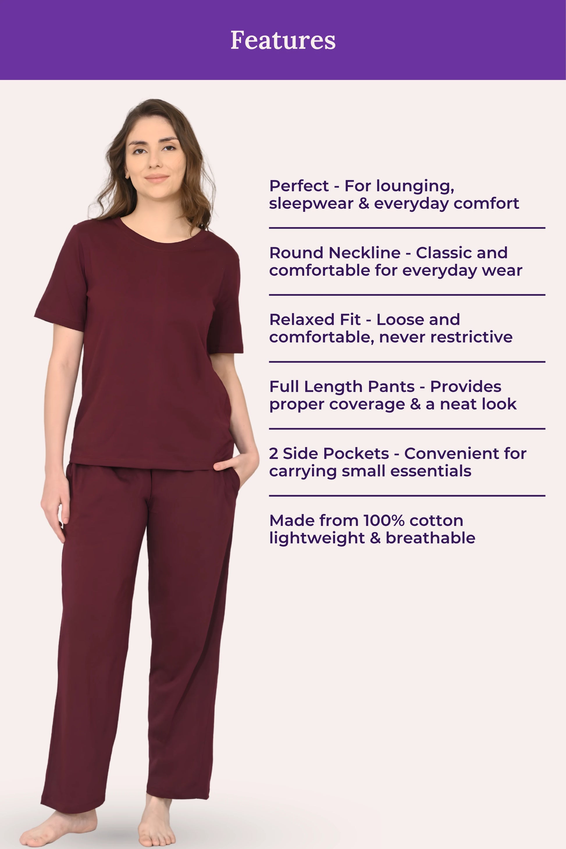 Woman wearing a wine pajama set with product features listed