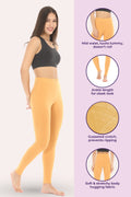 Woman wearing caramel leggings with product features on the right