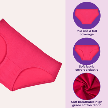 Teen Cotton Panties | Mid Waist | Full Hip Coverage | No Exposed Elastic At Waist & Thigh Round | Prevents Friction | Pack Of 3