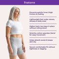 Woman wearing grey shorts with product features listed on a purple background