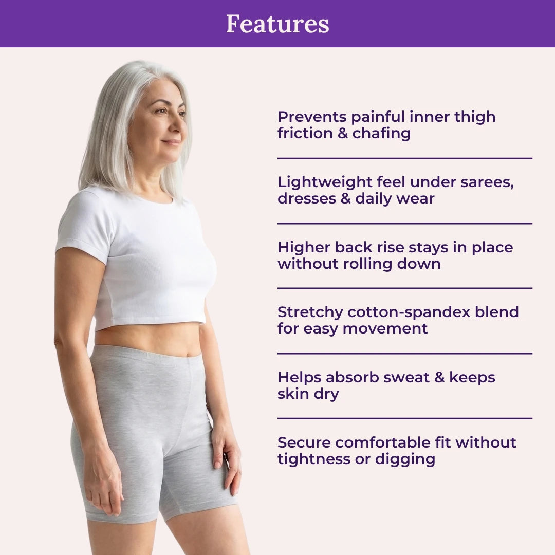 Woman wearing grey shorts with product features listed on a purple background