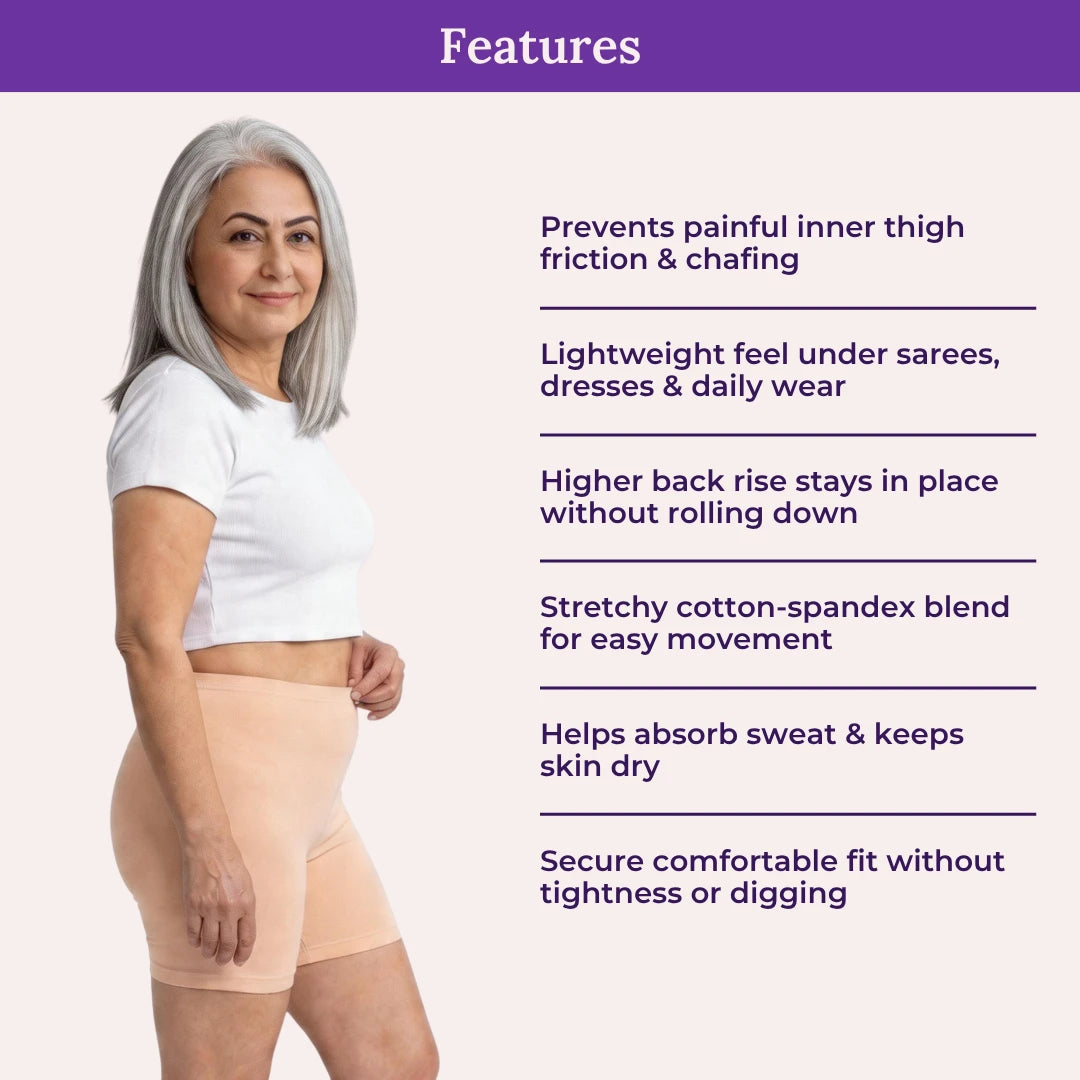 Woman wearing skin shorts with product features listed on a purple background