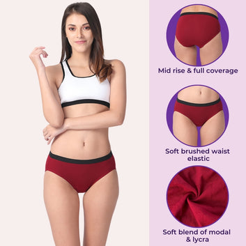 Micro Modal Underwear For Women | Mid Waist | Full Hip Coverage | Soft Waist Elastic | 3X Softer Than Cotton | Stretchy & Flexible | Moisture Wicking | Prevents Odour | 3 Pack