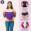 A woman holds up a purple sanitary pad against a light beige background, with three circular inset images on the right showing product details: a support patch, soft cotton fabric and elastic, and a leakproof crotch.