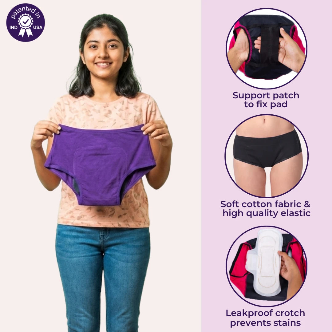 A woman holds up a purple sanitary pad against a light beige background, with three circular inset images on the right showing product details: a support patch, soft cotton fabric and elastic, and a leakproof crotch.