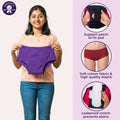 A woman holds up a pair of purple underwear on the left, with three circular inset images on the right showing product features: a support patch to fix the pad, soft cotton fabric and high-quality elastic, and a leakproof crotch preventing stains.