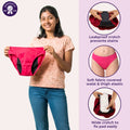A girl holds up dark pink underwear with black side panels against a light beige background. The right side of the image has a lavender panel with three circular inset images showing close-ups of the product: a leakproof crotch, soft fabric waist and thigh elastic, and a wide crotch for easy pad replacement.
