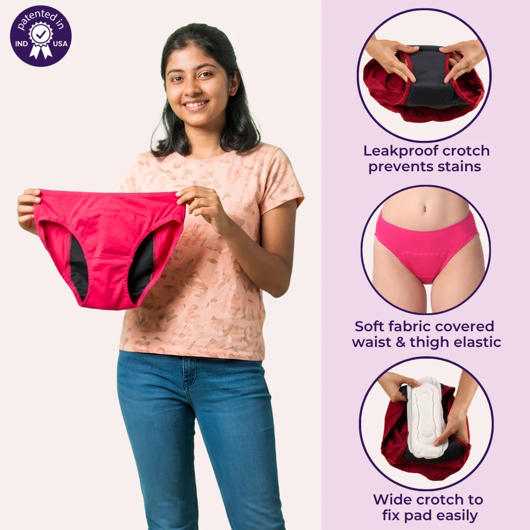 A girl holds up dark pink underwear with black side panels against a light beige background. The right side of the image has a lavender panel with three circular inset images showing close-ups of the product: a leakproof crotch, soft fabric waist and thigh elastic, and a wide crotch for easy pad replacement.