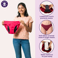 A girl holds up a dark pink leakproof crotch underwear brief with black side panels. The left side shows her modeling the pink hipster, while the right side has three circular inset images demonstrating the leakproof crotch, soft fabric waist and thigh elastic, and a wide crotch for easy pad adjustment.