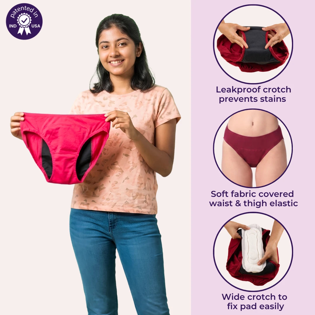 A girl holds up a dark pink leakproof crotch underwear brief with black side panels. The left side shows her modeling the pink hipster, while the right side has three circular inset images demonstrating the leakproof crotch, soft fabric waist and thigh elastic, and a wide crotch for easy pad adjustment.