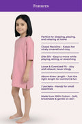 A girl model wearing a light pink dress with a 'Features' and a list of product benefits beside her.