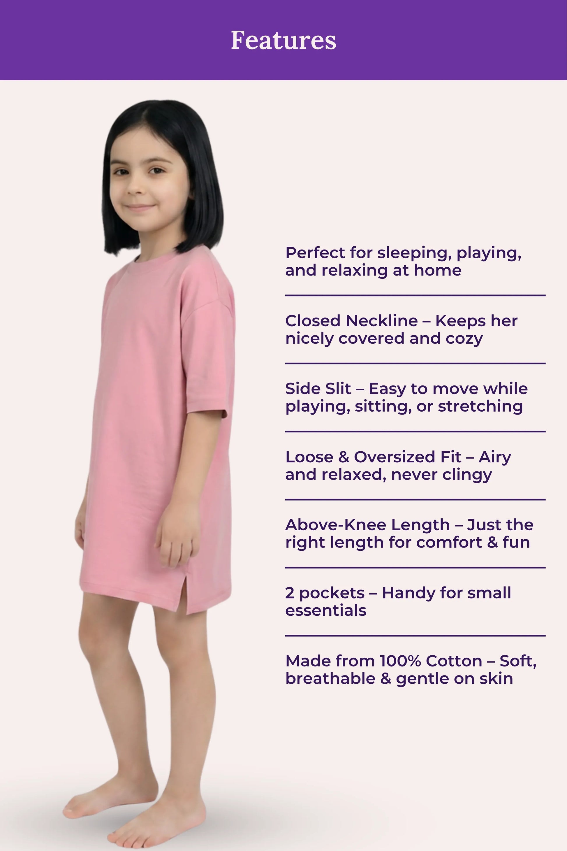 A girl model wearing a light pink dress with a 'Features' and a list of product benefits beside her.