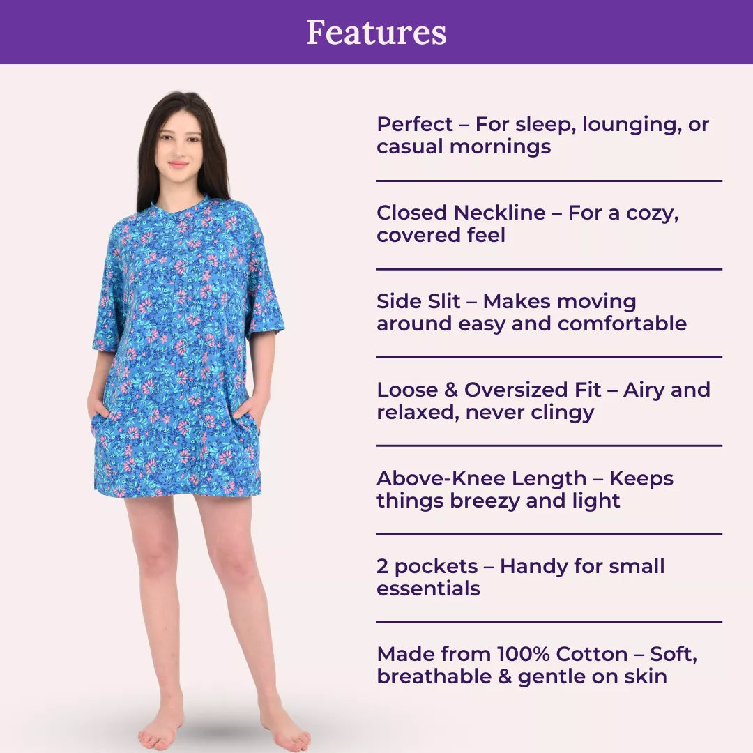 Woman wearing a blue floral oversize t-shirt with features listed