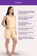 Woman wearing a cream outfit with text detailing product features 