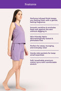 Woman wearing a lavender lounge set with features listed on a white background