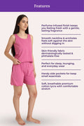 Woman wearing a rose lounge set with features listed