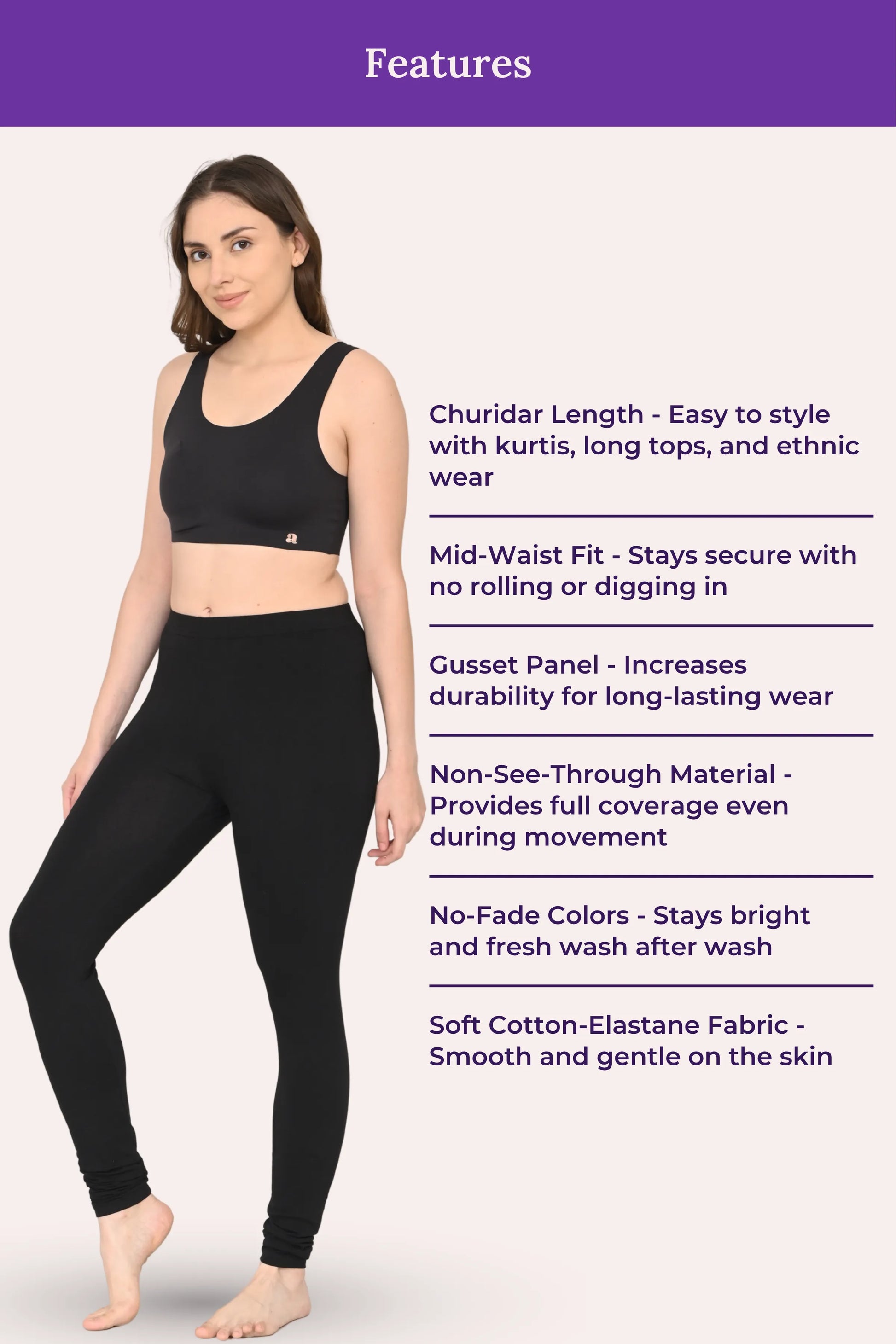 Women's comfortable black churidar leggings – features
