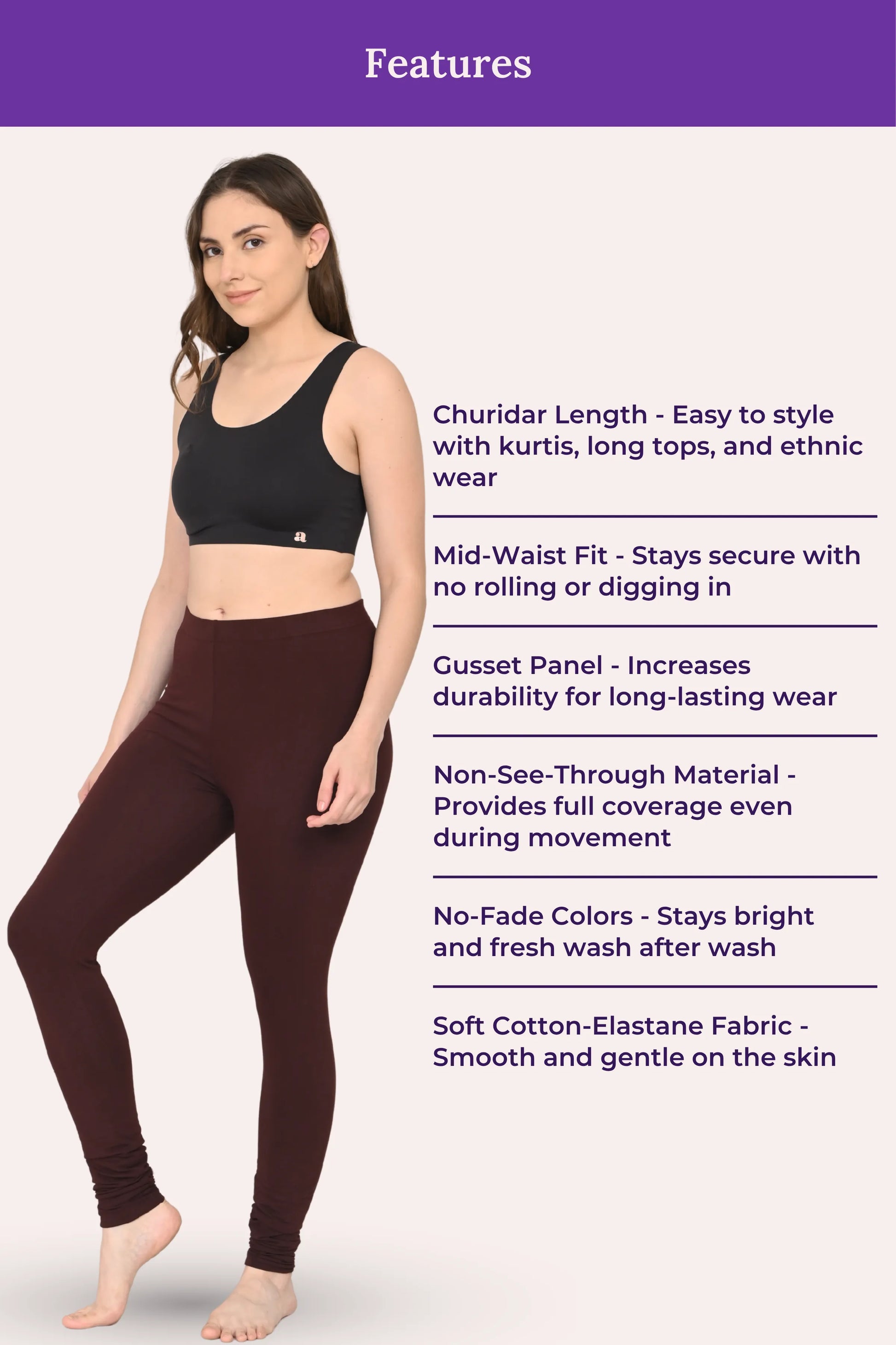 Brown churidar leggings for women showcasing key features