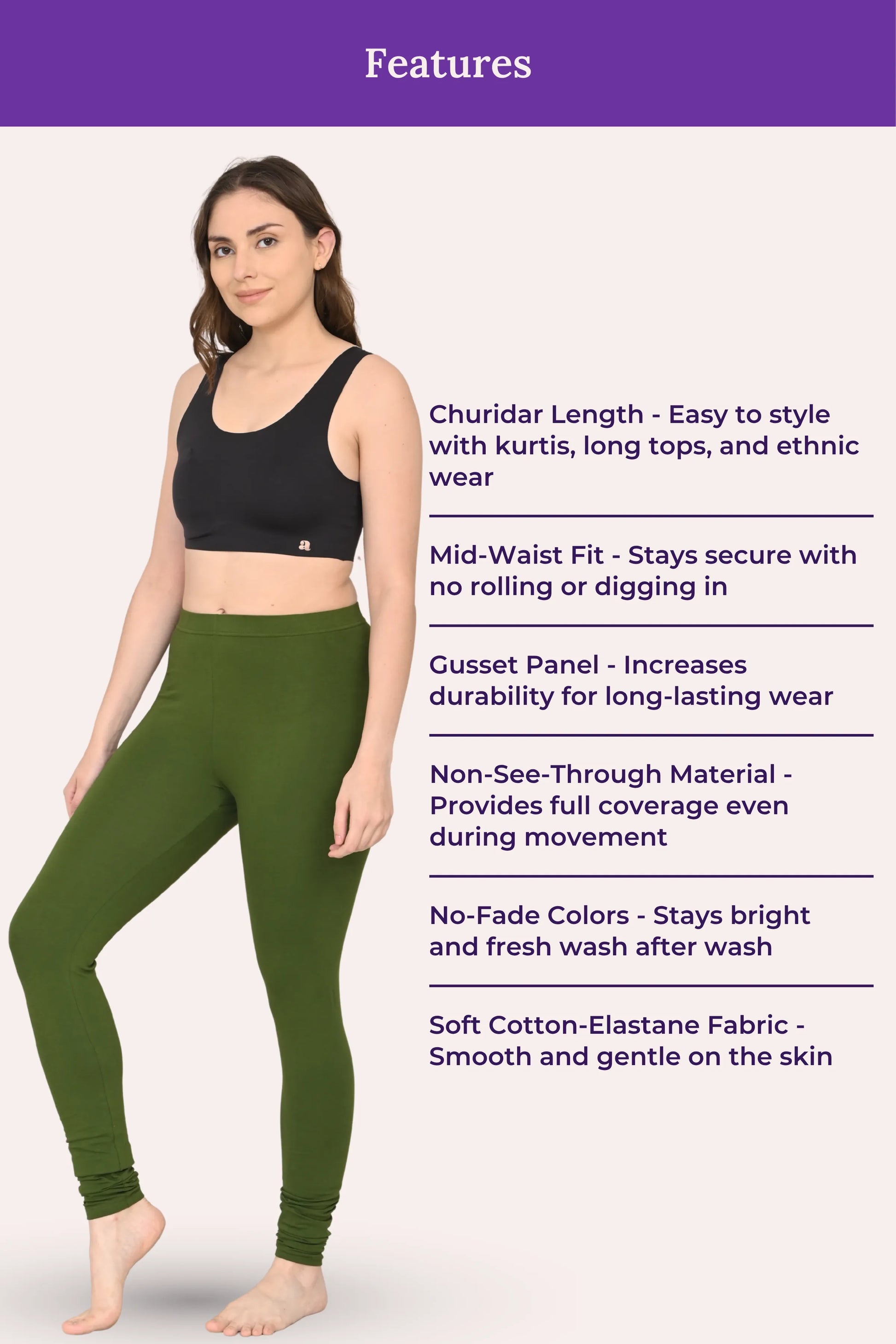 Green churidar leggings for women showcasing key features