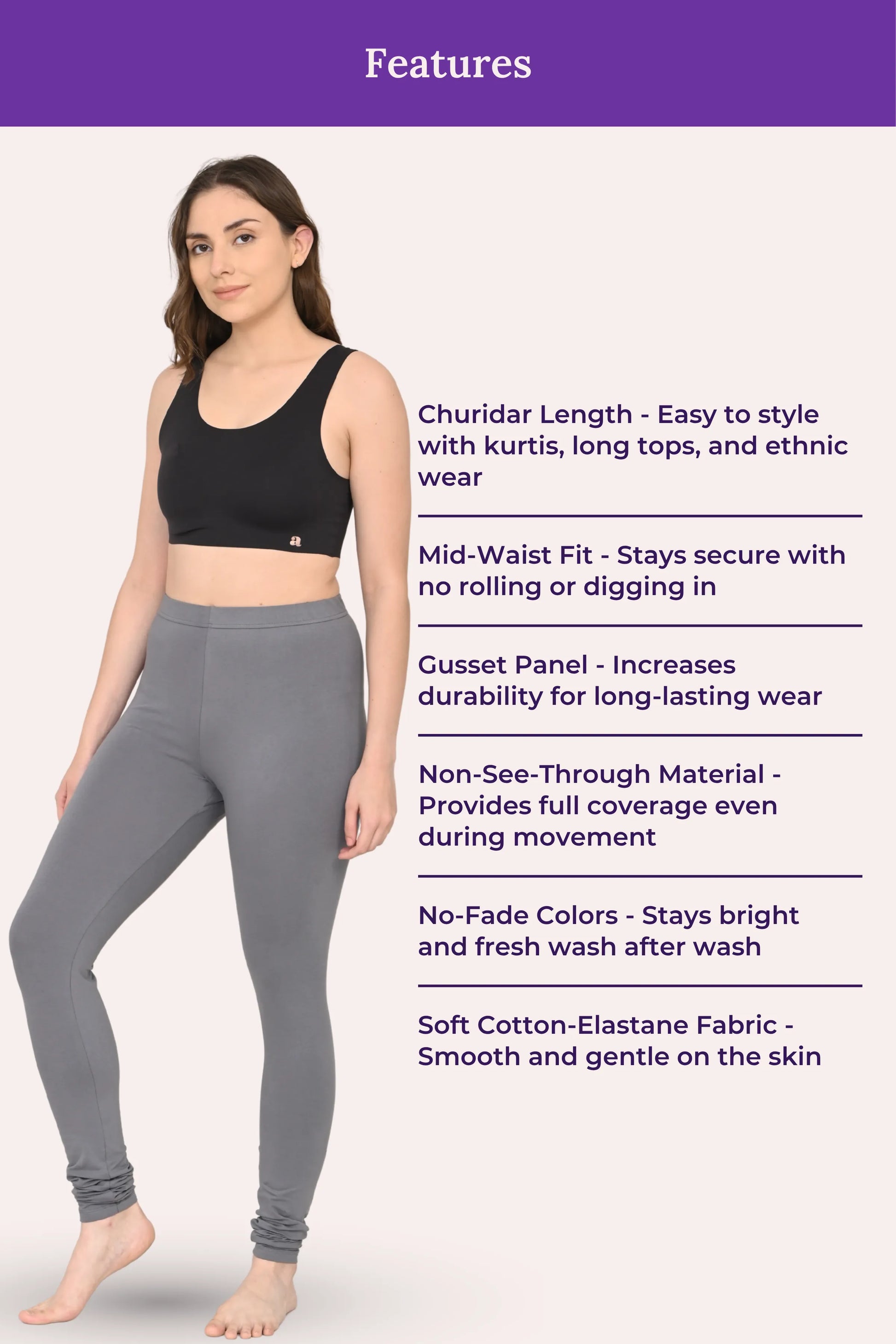 Women's comfortable grey churidar leggings – features