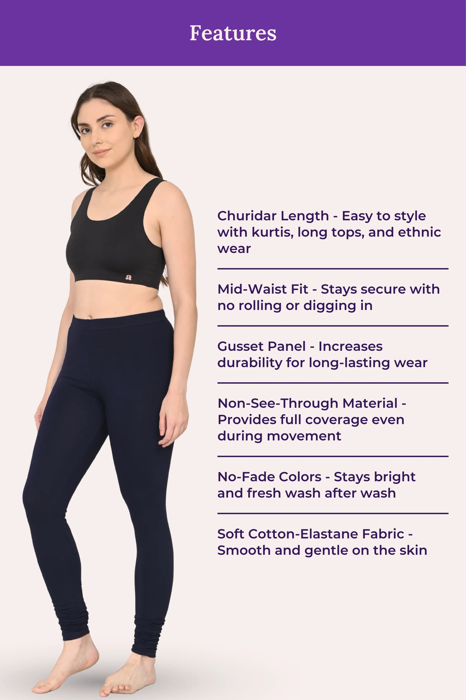 Navy blue churidar leggings for women showcasing key features