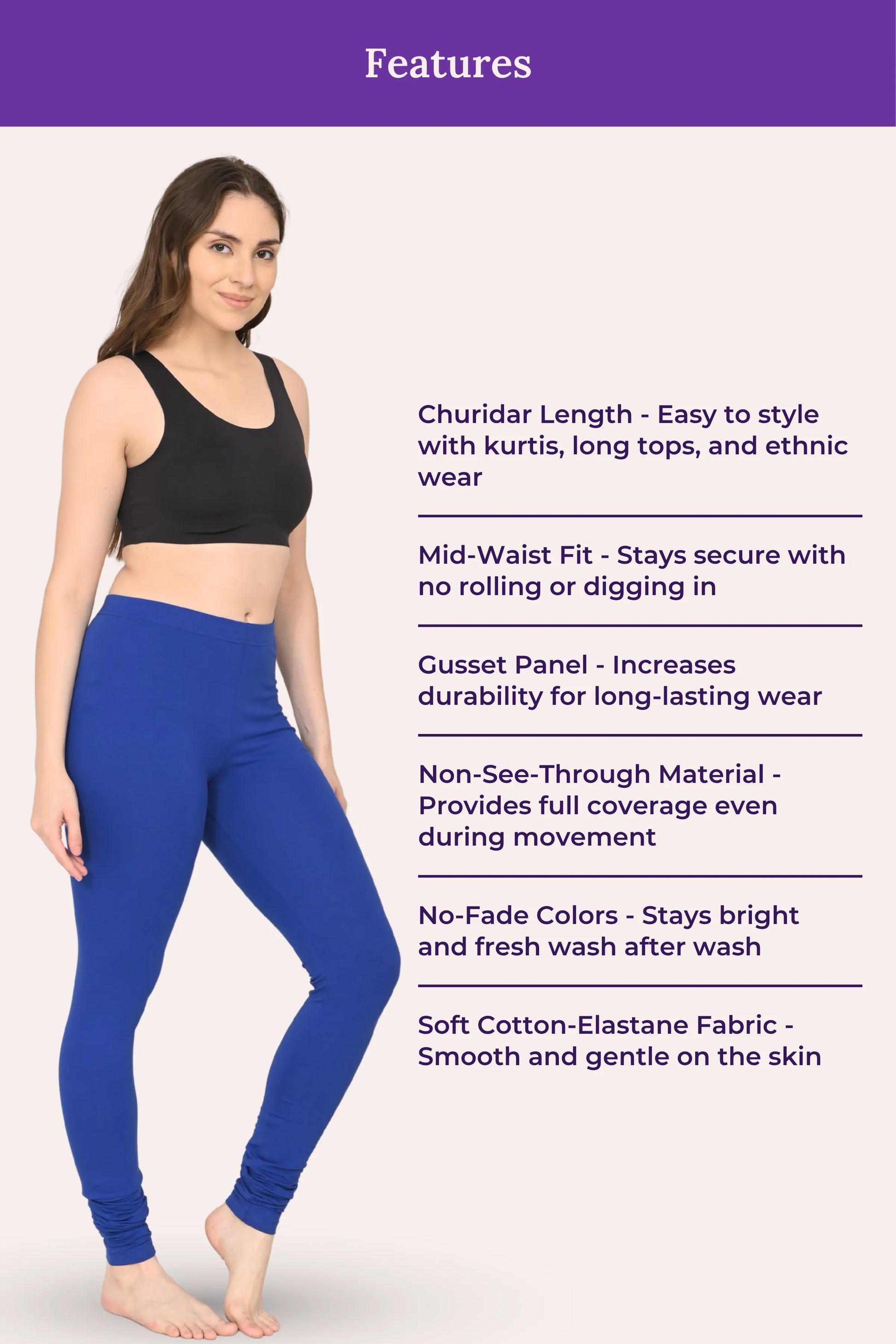 Women's royal blue churidar leggings – lightweight and flexible design